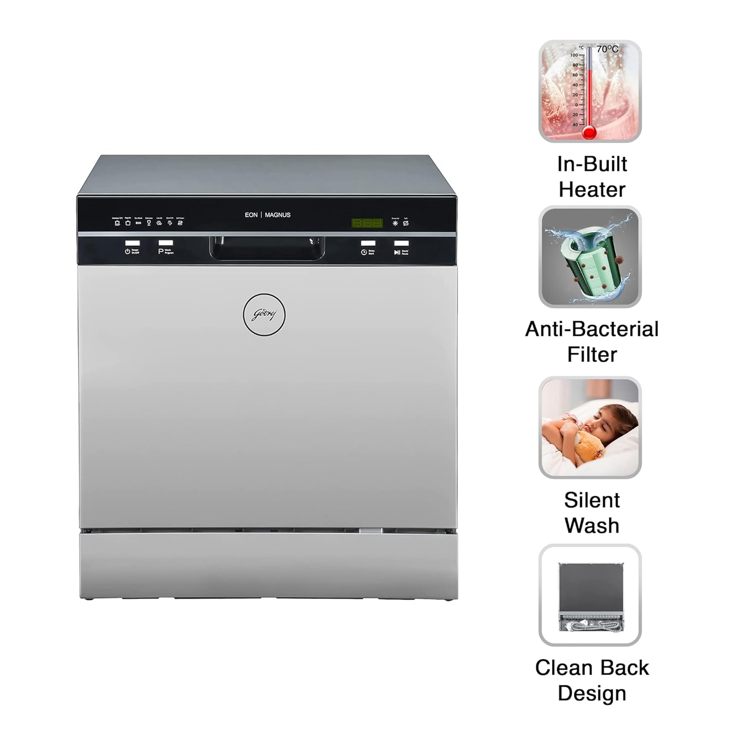 "Godrej Eon Dishwasher with 8 Place Setting - Compact & Energy Efficient"