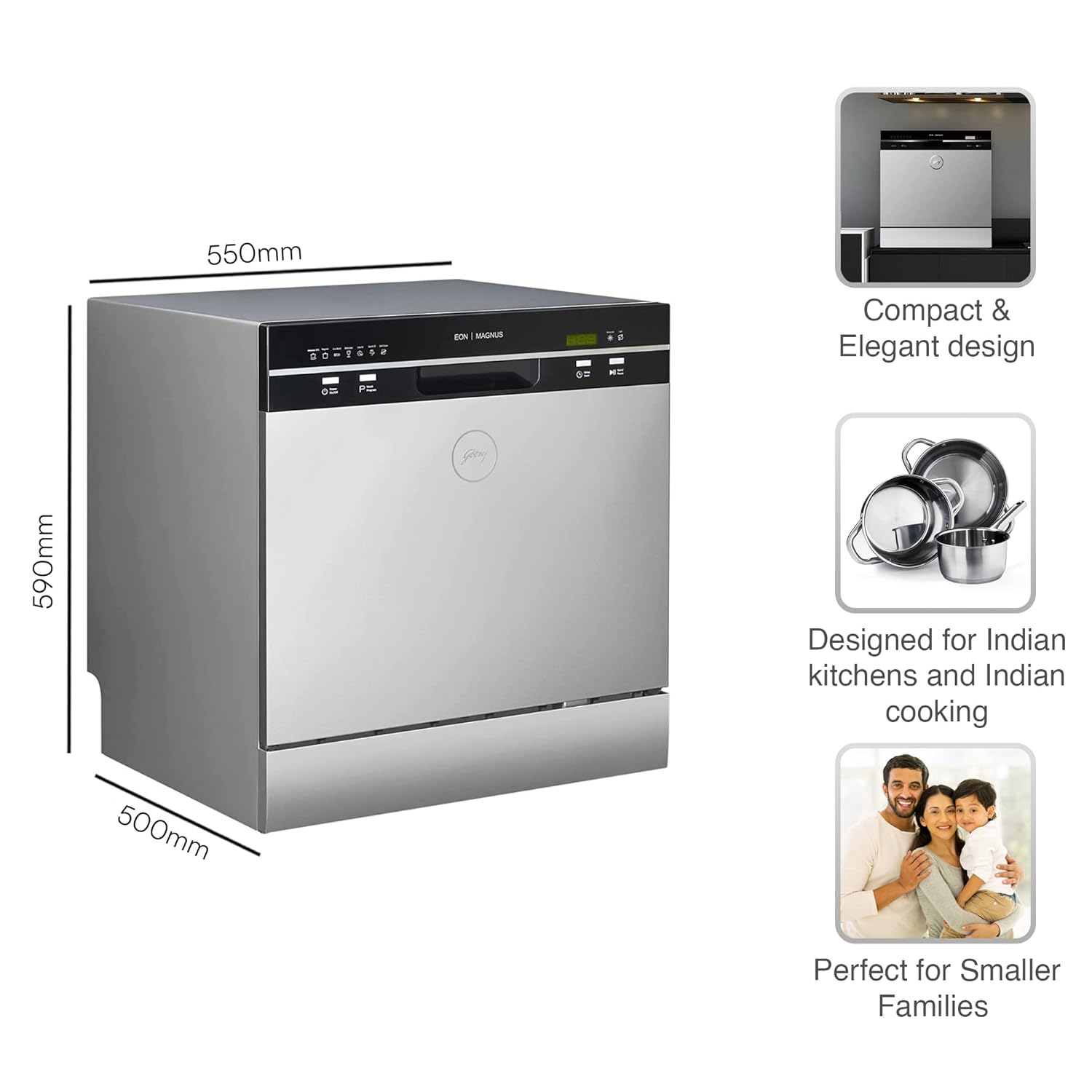 "Godrej Eon Dishwasher with 8 Place Setting - Compact & Energy Efficient"